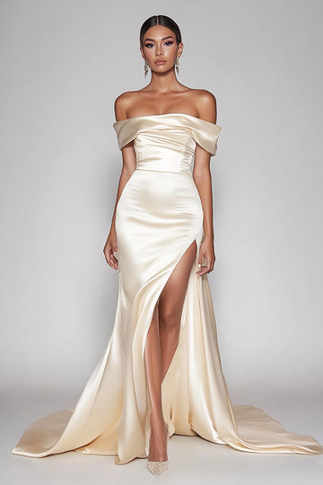 Champagne Épaule Dénudée Satin Robe de Bal Sirène Longue avec Fente